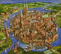 Heinz-Joachim Draeger: Die Hansestadt um 1400. Das Bild enthält Elemente verschiedener norddeutscher Hansestädte. Mit freundlicher Genehmigung des Künstlers (u. a. 'Von Koggen und Kaufleuten', Hamburg 2000). Hansestadt um 1400